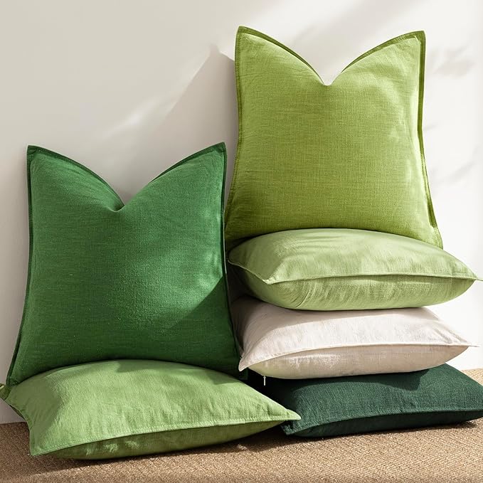 Foindtower Pack of 2, Decorative Linen Soild Throw Pillow Covers Soft Accent Euro Cushion Case Farmhouse Neutral Pillowcase for Chair Couch Sofa Bedroom Living Room Home Decor 24 x 24 Inch Lush Green