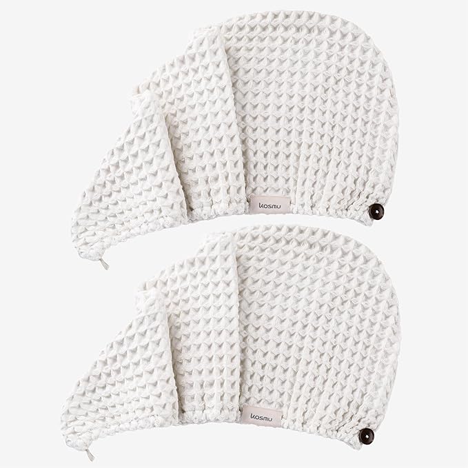 Luxury Organic Japanese Cotton Hair Drying Waffle Towel Wrap for Women | Absorbent, Quick-Dry Head Turban for Shower, Sauna, Spa | Extra Large for Long, Curly, Straight Hair With Button (White, 2 Pc)