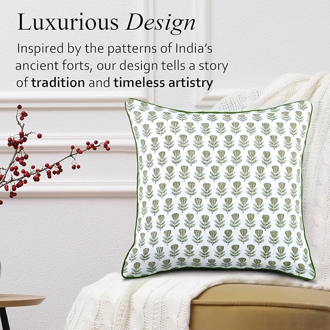 CPC Rustic Sage Trellis Block Print Throw Cushion Cover 18 x 18 Inch Set 2 - Decorative Boho Floral Pillow Case for Living Room, Bed, Sofa Home Decor Gift for Spring, Mother's Day