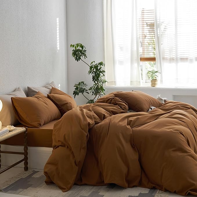 MooMee Oversized King Duvet Cover Set, 100% Washed Cotton Linen Like Twill Thick Sturdy Material Super Soft Breathable Durable Bedding for All Season, 3 Pieces (Dark Orange, Oversized King 120"x98")