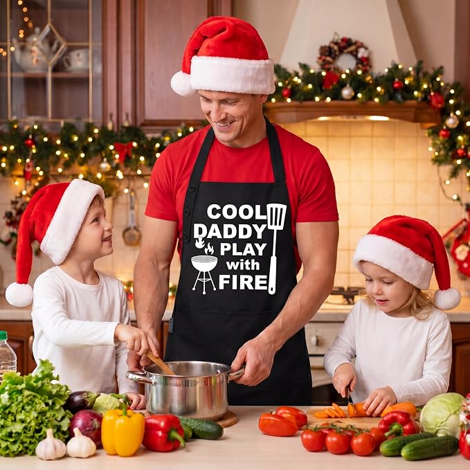 TOSHE Funny Apron Waterdrop Resistant Cotton Apron with adjustable Aprons for Women with Pockets 12 Color option Cooking (Black - Cool Daddy Play with Fire)