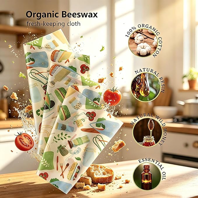 Reusable Beeswax Food Wraps, 12 x 40 Inch Organic Cotton Beeswax Wraps, Plastic-Free Eco Friendly Food Storage Sheets for Kitchen, Bread, Cheese, Fruits and Sandwiches