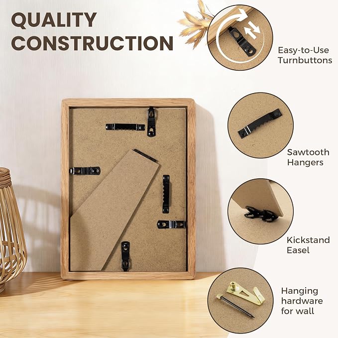 5x7 Picture Frame, USA-Sourced Oak Wood Photo Frames with HD Tempered Glass, Display Photo 4x6 with Mat or 5x7 Without Mat, 5 x 7 Frame for Tabletop or Wall Display, Oak Color, 1 Pack