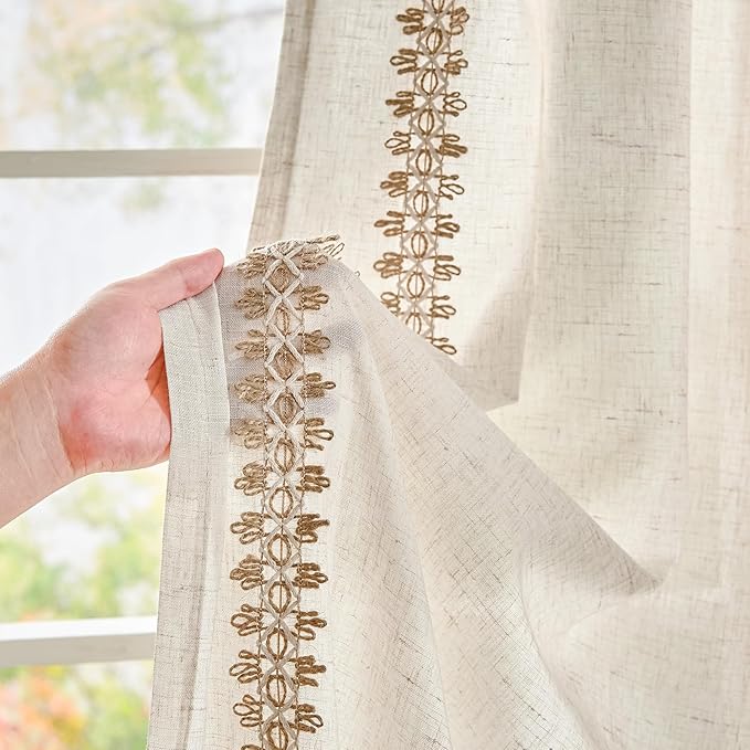 jinchan Beige Linen Blend Curtains with Woven Trim Boho Curtains 84 Inches Length 2 Panels for Living Room Bedroom Light Filtering 50 Inches Wide Rustic Farmhouse Drapes with Rod Pocket Back Tab Ecru