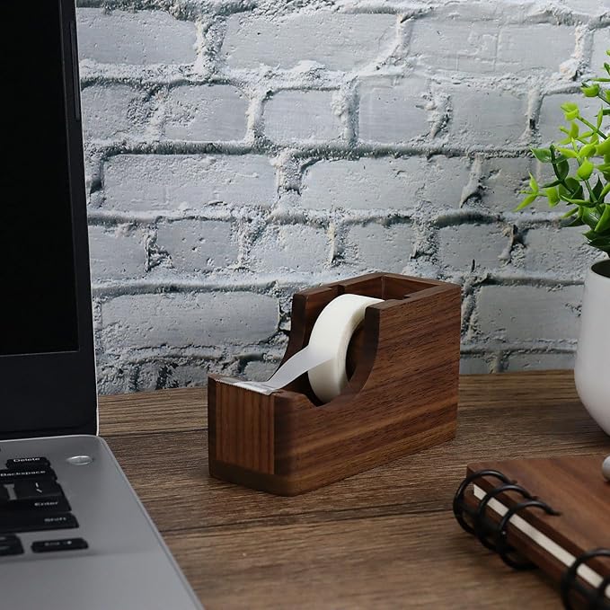 Buqoo Walnut Wood Tape Dispenser with Built-in Pen Holder – All-in-One Desk Organizer for Office/Home School