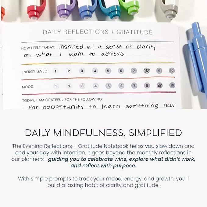 MäksēLife Evening Reflections & Gratitude Journal - Daily Mindfulness & Self-Care Notebook, A5 Lay-Flat Binding, Vegan Leatherette Cover, Bedtime Companion for Positive Intentions