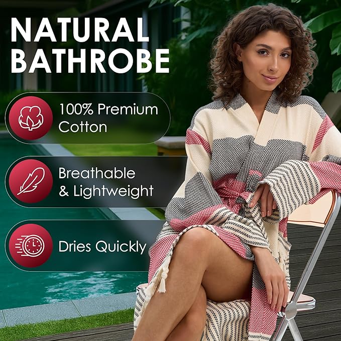ATANI 100% Turkish Cotton Bathrobe S-XXL for Women & Men – Peshtemal Style Soft Cozy Lounge Robe, Absorbent & Lightweight