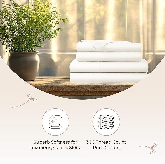 Whisper Organics, 100% Organic Cotton Sheets - 300 Thread Count Bed Sheets Set - Premium Quality Sheets - Deep Pocket Sheet Set - GOTS Certified, Natural (Queen Size)
