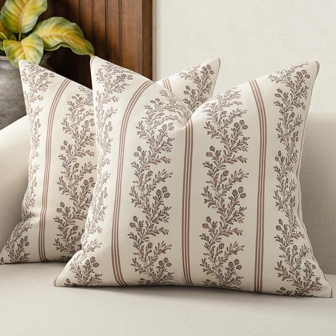 Vintage Throw Pillow Covers 18x18 Set of 2, Striped Floral Pillow Cover Botanical Patterned Decorative Cushion Covers Modern Farmhouse Home Decor for Sofa Couch Bed Living Room, Almond