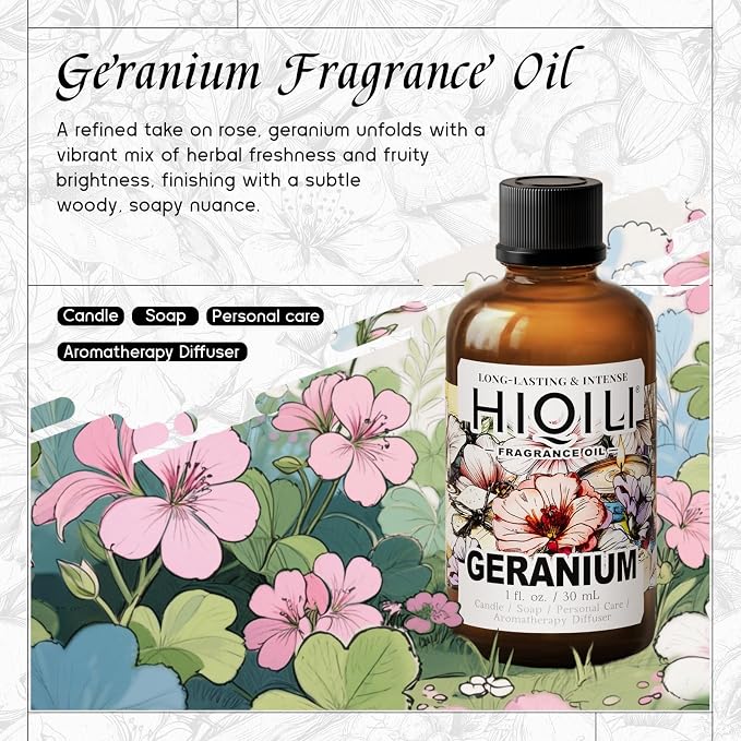 HIQILI Geranium Fragrance Oil for Diffuser & Soap Making - 1 Fl Oz | Essential Oil for Candle & Body Lotion Making, Long-Lasting Scents, Car Freshies - 30 ML