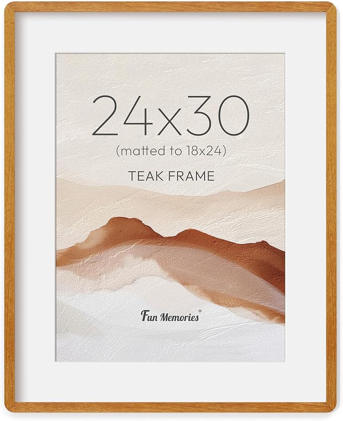 Fun Memories 24x30 Poster Frame with Mat for 18x24 - Solid Teak Wood Photo Frame, Rounded Corner 24 x 30 Wooden Frame Matted to 18x24 Photo, 24 By 30 Wood Frame with Tempered Glass, Natural Teak