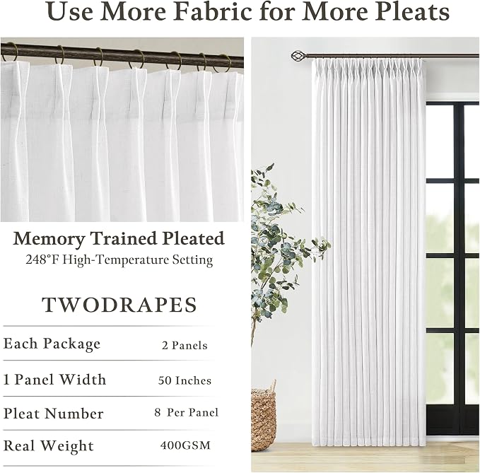 80 Inch Pinch Pleated Linen Curtains 2 Panels Set for Living Room Bedroom Boho Farmhouse Thick Linen Textured Semi Sheer Back Tab Pinch Pleat Hooks Rings Window Curtain Snow White 50 by 80 Length
