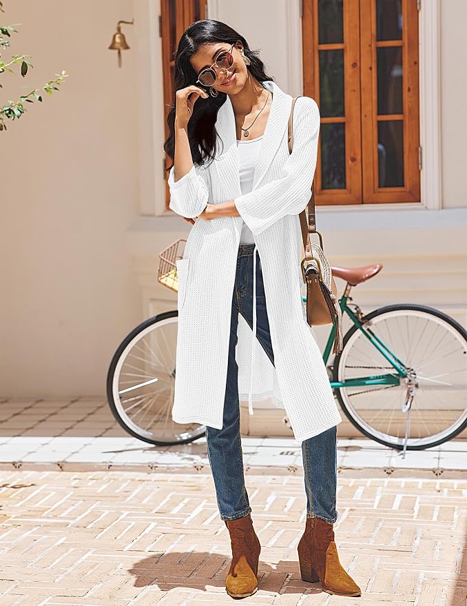 Ekouaer Robes for Women Waffle Knit Bathrobe Lightweight Kimono Robe Knee Length Loungewear with Pockets