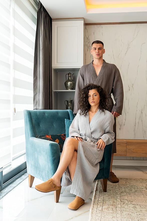 Muslin Unisex Bathrobe Women & Men, 100% Cotton Kimono Lightweight Robe | Long Robes Soft, Absorbent, Spa robes