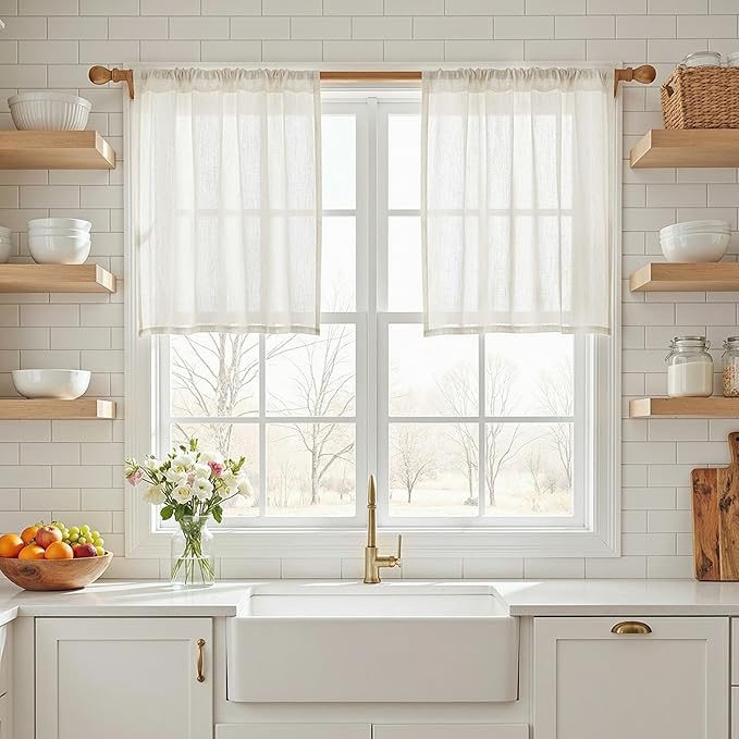 MYSKY HOME Semi Sheer Natural Linen Curtains 36 Inch Length, Light Filtering Cream Tiers Curtains Rod Pocket Neutral Window Drapes for Bathroom/Kitchen/Basement, Beige White, 34 x 36 Inch,2 Panels