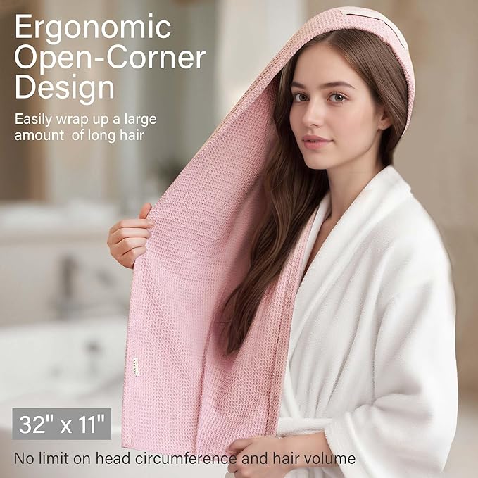 ROLSHOL 2 Pack Microfiber Hair Towel Wrap for Women, 32" x 11" Waffle Weave Hair Plopping Towel for Curly, Long & Thick Hair, Anti-Frizz Hair Turbans for Wet Hair (Pink, Grey)