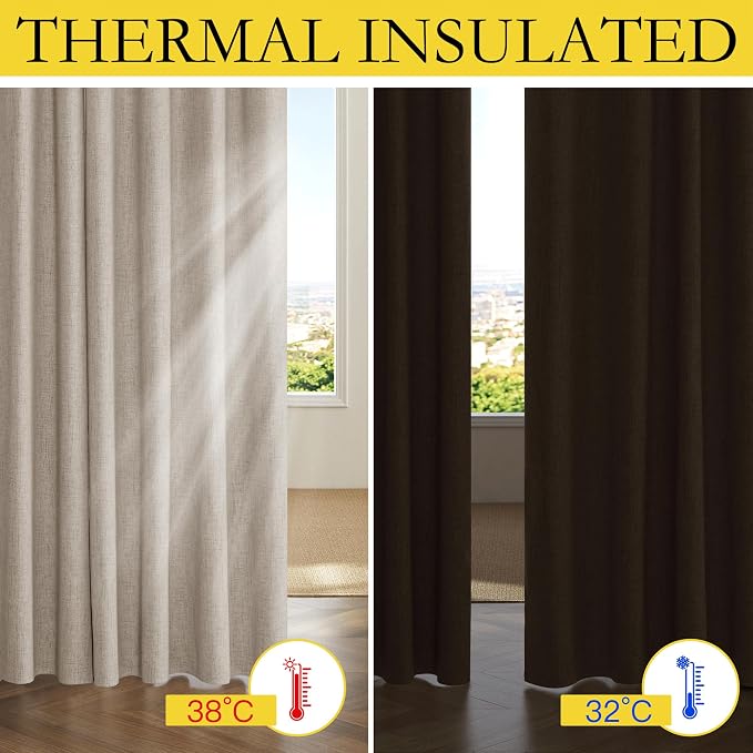 NICETOWN Natural Linen Blackout Curtain 52 x 80 inch Panels: Full Bedroom Blackout, Thick Insulated Classic Rod Pocket Back Tab Draperies with Thermal Insulated Liner for Windows(Set of 2)