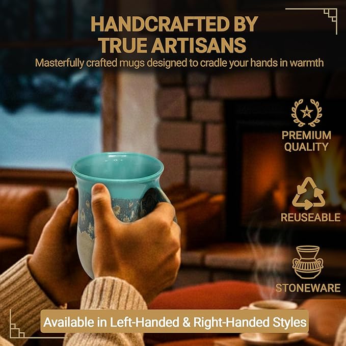 Clay in Motion Hand Warmer Coffee Mug – Handmade Coffee Mug With Comfortable Handle Contoured Pocket Hand Warming Ceramic Coffee Mug – Proudly Made in USA – Right Handed – 14 Oz - Island Oasis