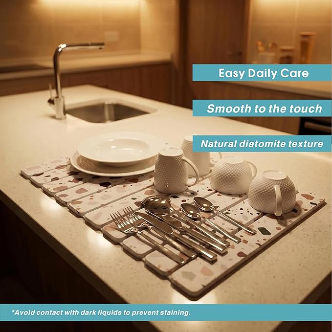 Diatomaceous Earth Stone Dish Drying Mat for Kitchen Counter – Quick Drying Mat Set (1*Large 23"×15.5" & 2*Small 7.5"×4") | Kitchen Drying Mat for Dishes, Cups & Utensils, Sink Mat (Multi-color)