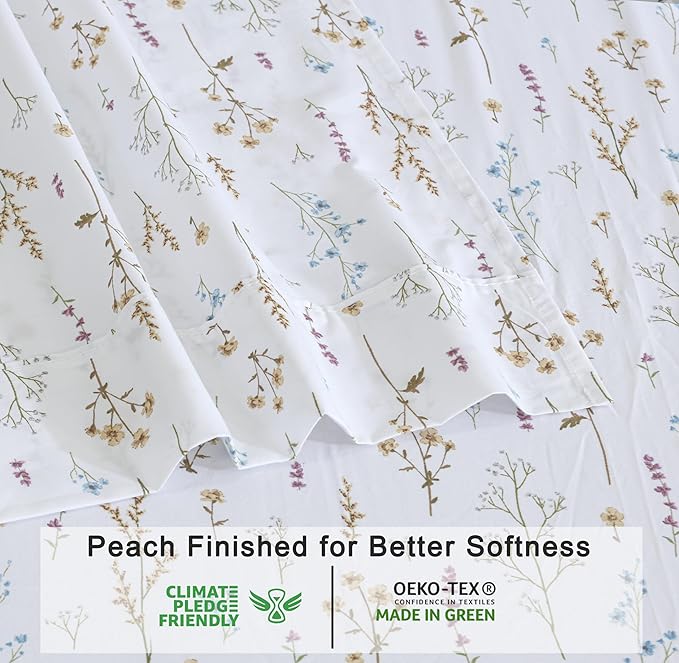 RUVANTI 100% Cotton Organic Percale Sheets Full Size – Crisp Cooling Bed Sheets for Hot Sleepers, Deep Pocket 15”, Soft Peach Finish, Breathable & Durable Hotel-Style 4 Pcs, Field Flower