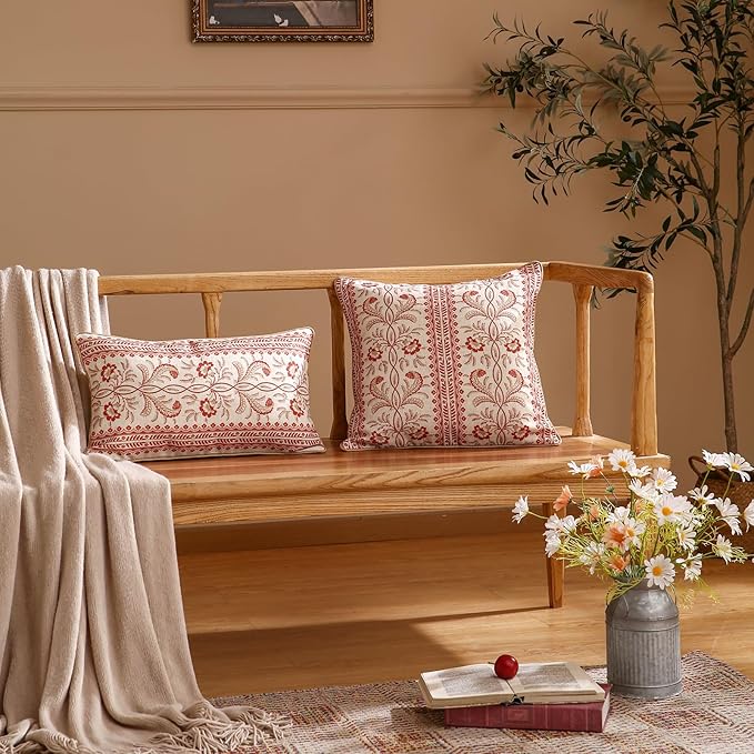 ISAENNE Design Euro Linen Rectangle Throw Pillow Covers 12"x20" Pack of 2, French Country Cushion Covers with Orange Morris Floral Pattern Decoration Pillowcases for Bed, Living Room, Outdoor, Car