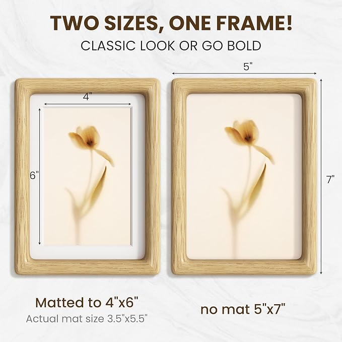 5x7 Picture Frame, USA-Sourced Oak Wood Photo Frames with HD Tempered Glass, Display Photo 4x6 with Mat or 5x7 Without Mat, 5 x 7 Frame for Tabletop or Wall Display, Oak Color, 1 Pack