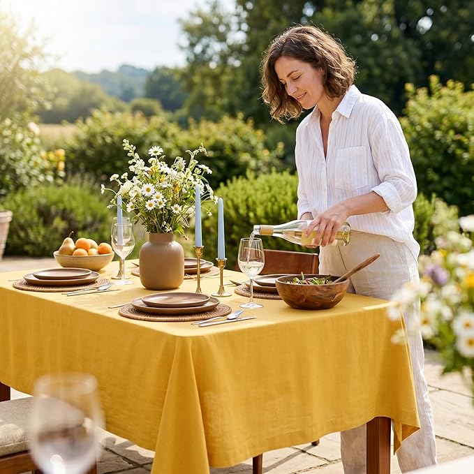 Solino Home Linen Tablecloth for Rectangle Tables 60 x 144 Inch - 100% Pure Linen Mustard Yellow Table Cloth - Fete, Machine Washable Cloth Tablecloth for Summer