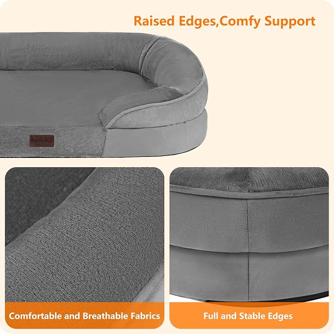 Dwanton Orthopedic Dog Bed for Extra Large Dogs with Gel Memory Foam, Waterproof Dog Sofa, Washable Pet Bed with Four Sided Bolster Cushion, Removable Cover & Non-Slip Bottom, 45", Medium Grey