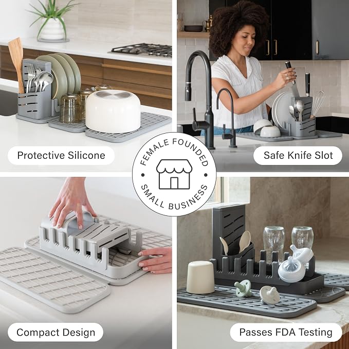 Dorai Home Collapsible Dish Drying Rack with Stone Dish Pad - Kitchen Counter Set with Diatomaceous Earth Stone Dish Mat for Quick Drying - Space-Saving Design - Original 19.9"x15.2", Sandstone