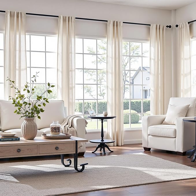 jinchan Floor to Ceiling Linen Blend Curtains 96 Inches Length 2 Panels for Bedroom Living Room, Light Filtering 38 Inches Wide Natural Farmhouse Drapes with Rod Pocket Back Tab (38W x 96L, Ecru)