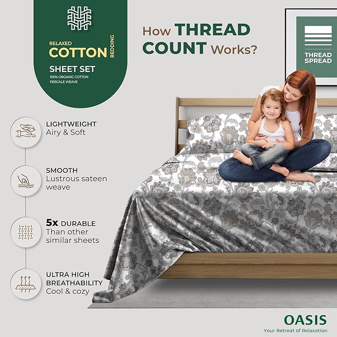 THREAD SPREAD 100% Organic Cotton Sheets Full Size - Organic Cotton Full Size Percale Sheet Set (4 PC, Floral Ivory), Soft, Cooling, Crisp & Breathable, 16" Deep Pocket Hotel Quality Bedding Set