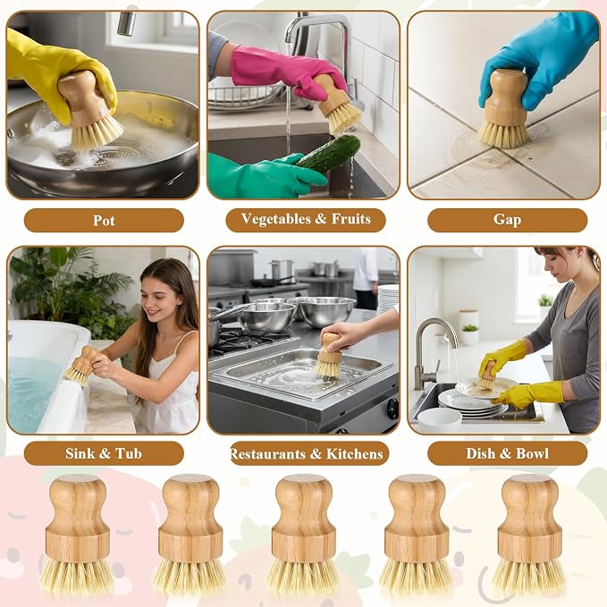 12 Pack Bamboo Dish Scrub Brushes Wooden Scrubbers Set Kitchen Palm Pot Brush Natural Bristle Dish Dishwashing Scrubber for Cleaning Vegetables Pots Pans Sinks Woks