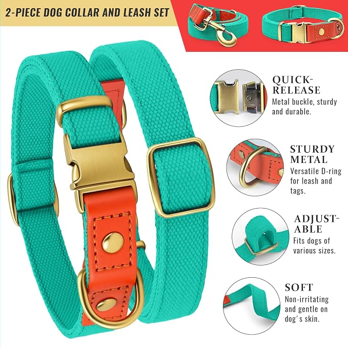 Dog Collar and Leash Set with Metal Quick Release Buckle, Adjustable, Breathable Nylon, Durable, Soft and Comfortable, No Pull for Walking and Training, Cyan, L (14.9"-22.8")