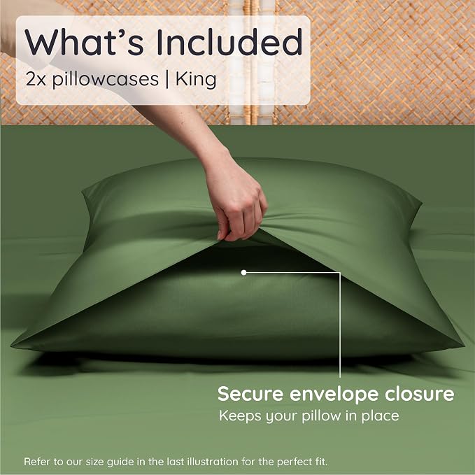 Bambaw 100% Viscose Derived from Bamboo Pillowcase King Size – Set of 2 Cooling Pillow Cases King with Envelope Closure, Breathable & Super Soft Pillow Cases (Olive)