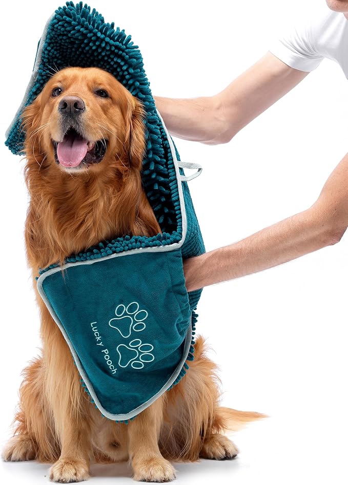 Lucky Pooch® Super Absorbent Shammy Dog Towel - Luxuriously Soft Hand Pockets – 34.5x12.5in – Quick Drying Microfiber Dog Bath Towel – Durable Dog Towels for Drying Dogs (Pack of 1, Teal)