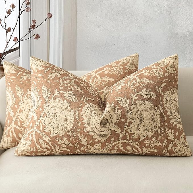 Vintage Floral Print Throw Pillow Covers 12x20 Set of 2 Neutral Modern Farmhouse Pillow Cases Accent Decorative Cushion Covers Boho Home Decor for Couch Sofa Chair Bed Living Room, Cognac