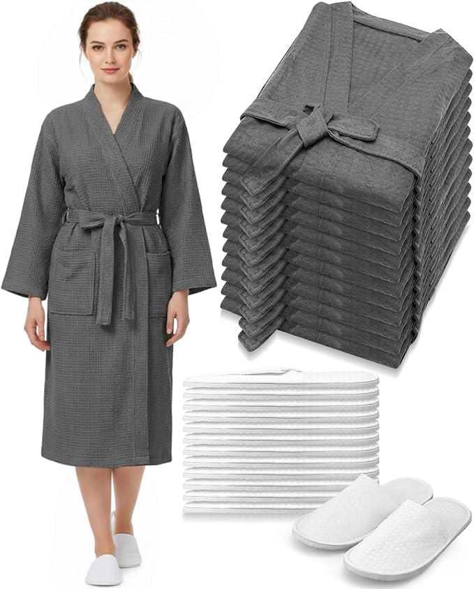 Jecery Waffle Bathrobe and Slippers Bulk Set Spa Robes Hotel Bath Lightweight Thin Commercial Soft for House Shower Party