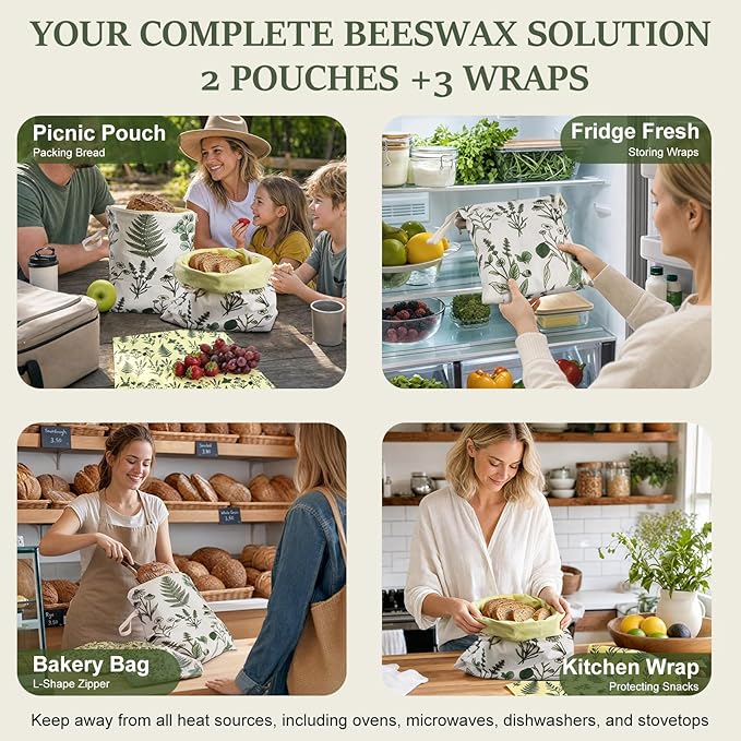 Reusable Beeswax Bread Bags & Wraps Set - 2 XL Sourdough Bags (17“x13") with Wide Zipper & Handle - 3 Beeswax Wraps for food, Cheese, Fruit, Veggie - Breathable Bread Storage, 5 Pack