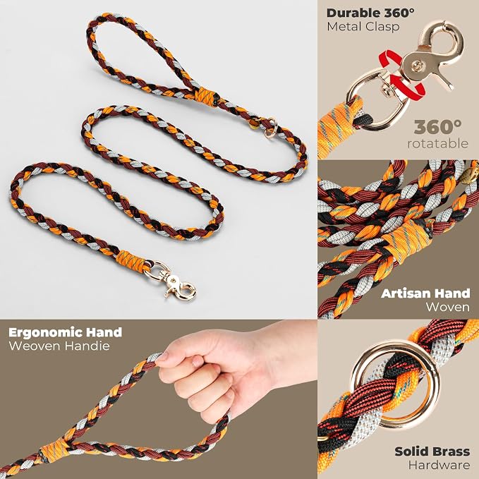 Tirevt Hand-Woven Dog Collar and Leash Set:Color-Block Design, Premium Reinforced Buckle, Adjustable Artisan Paracord for Puppies, Small, Medium & Large Dogs (Orange, L)