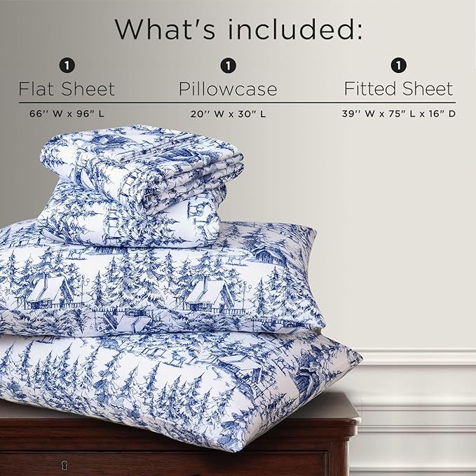 Briarwood Home® Printed Flannel Sheet Set, 100% Natural Cotton, Soft, Warm & Deep Pocket, Advanced Nano-Tech Making it Resistance to Pilling; Brushed 6 Times for Softness (Blue Sylvania, Twin)