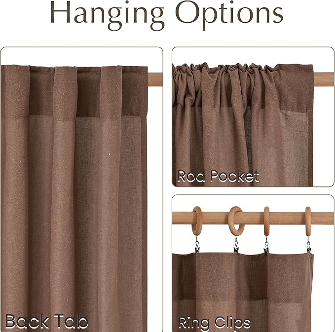 NICETOWN Gold Brown Linen Semi Sheer Curtains 96 inche Long, Rod Pocket & Back Tab Flax Linen Blend Privacy Added Light Filtering Window Treatments for Bedroom, W55 x L96, 2 Panels