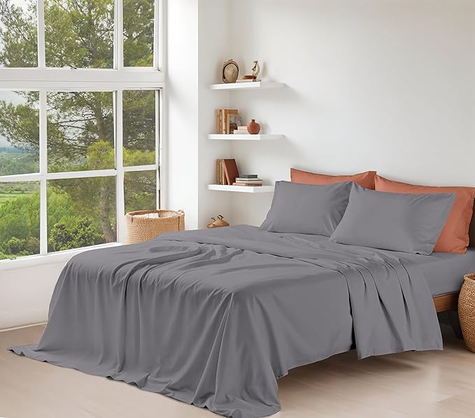 RUVANTI 100% Cotton Organic Percale Sheets Queen Size – Crisp Cooling Bed Sheets for Hot Sleepers, Deep Pocket 15”, Soft Peach Finish, Breathable & Durable Hotel-Style 4 Pcs, Silver Filigree