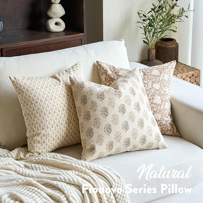 FIOUOVO Floral Vintage Throw Pillow Covers 24x24 Pillow Cover Block Print Cushion Covers Farmhouse Decorative Neutral Accent Home Décor for Sofa Couch Living Room Bedroom, 1PC, Cognac Brown