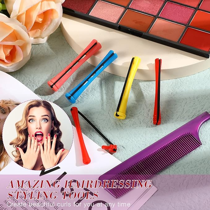 48 Pieces Hair Perm Rods Short Cold Wave Rods Plastic Perming Irons Hair Curling Rollers Curlers with Steel Pintail Comb Rat Tail Comb for Hairdressing Styling Supplies(Assorted Sizes,Multicolored)