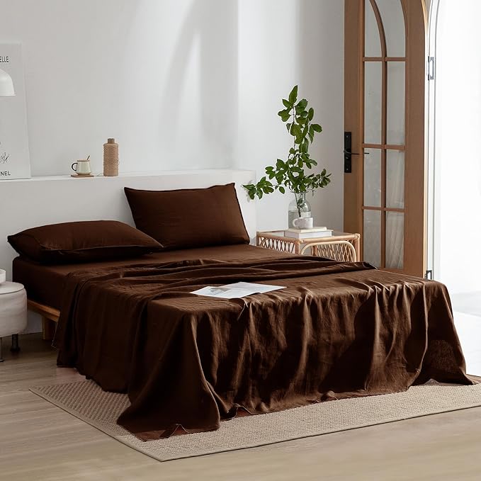 EVERLY Linen Sheets Set Queen Size,100% French Stonewash Pure Linen Sheets Set,4Pieces (1Flat Sheet,1Fitted Sheet,2Pillowcase) Suitable for Hot Sleepers,Deep Pocket Natural Bedding Set-Chocolate