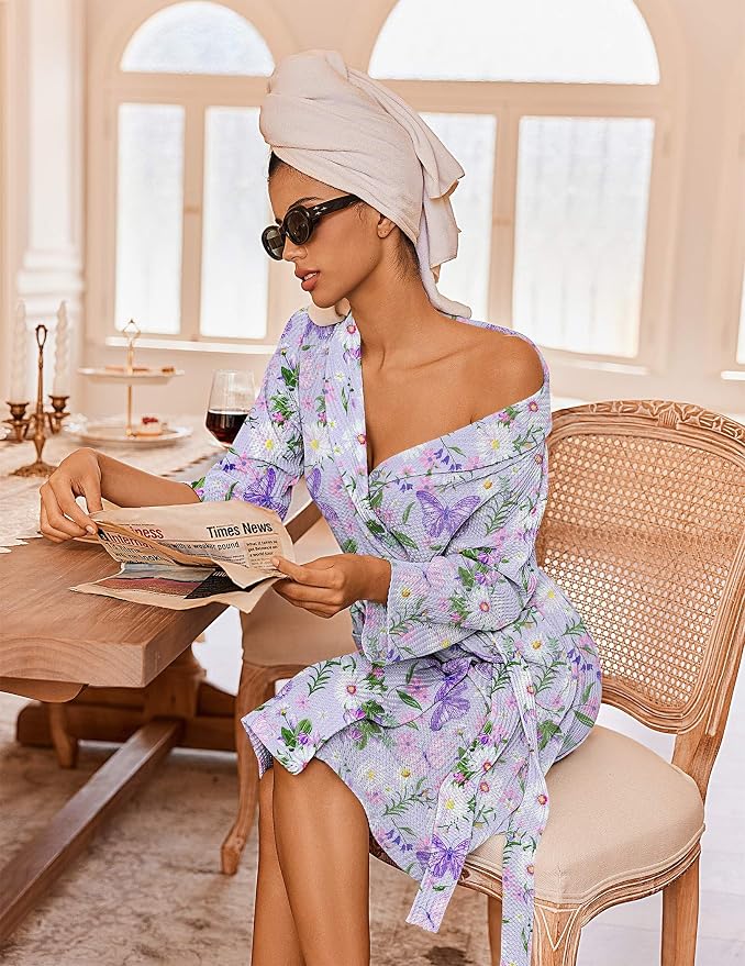 Ekouaer Robes for Women Waffle Knit Bathrobe Lightweight Kimono Robe Knee Length Loungewear with Pockets