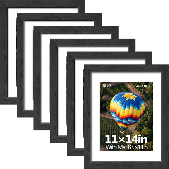 VCK 11x14 Picture Frames Black - 6 Pack, Wide Border Solid Wood, Tempered Glass, Display 8.5x11 Photo with Mat or 11 x 14 Without, for Home, Office, Gallery, Woodgrain Series, Wall Hanging