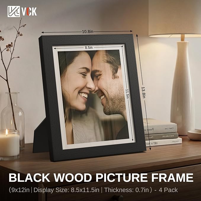 VCK 9x12 Frame Black - 4 Pack, Gallery-Quality Wood Picture Frames, 1.1-Inch Wide Border, Polished Plexiglass, Vertical or Horizontal Wall & Tabletop