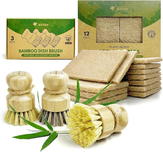 Bamboo Dish Brush Set of 3 and Scouring Pad Dish Washing Scrubbers Pack of 12 - Coconut Fiber Scrubbers with 100% Plant-Based Kitchen Dish Brush Bamboo with Sisal and Coconut Bristles, 2 Brush Types