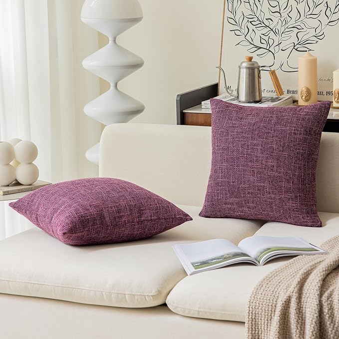 Kevin Textile Best Faux Linen Throw Cushion Covers Shams Textural Pillowcase with Hidden Zipper, 26"x26"(2 Pack, Purplish Red)
